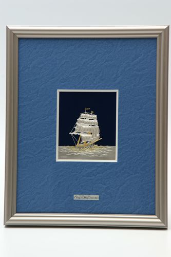 未使用美品 武比古作 純銀卓上額 帆船レリーフ 伝統工芸士 意匠登録