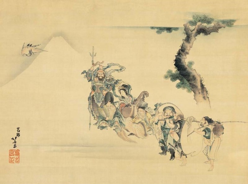 複製/葛飾北斎/富士山水七福神図/横物/工芸/布袋屋掛軸HI-637 複製