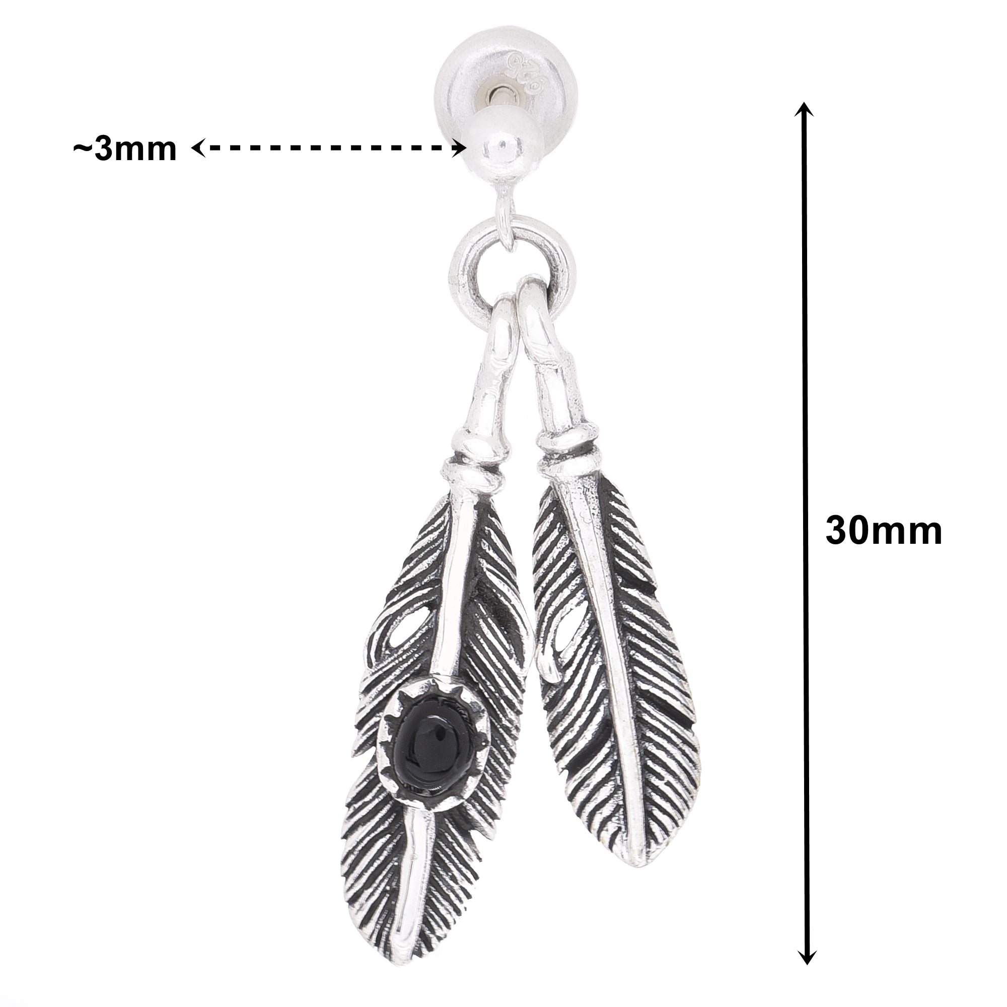 メンズ ピアス ダブルフェザー シルバー925 オニキス ドロップ 片耳用