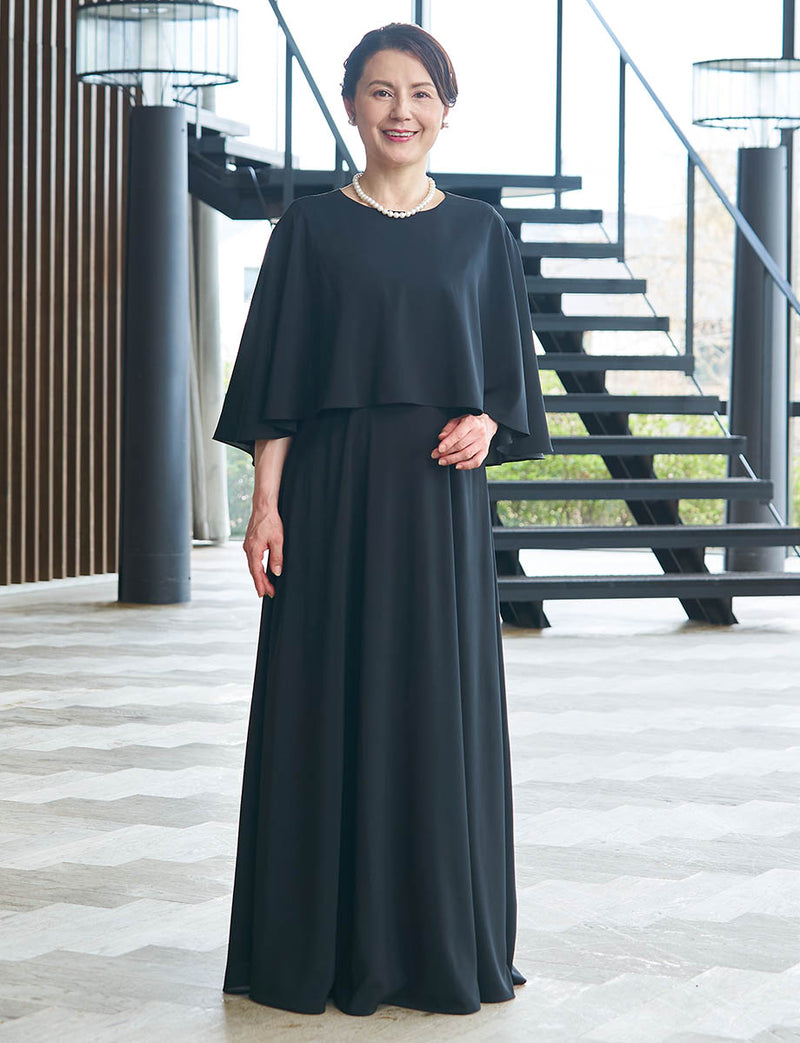 結婚式 母親ドレス 黒・マザーズドレスシフォン ケープ付き MD0411-BK