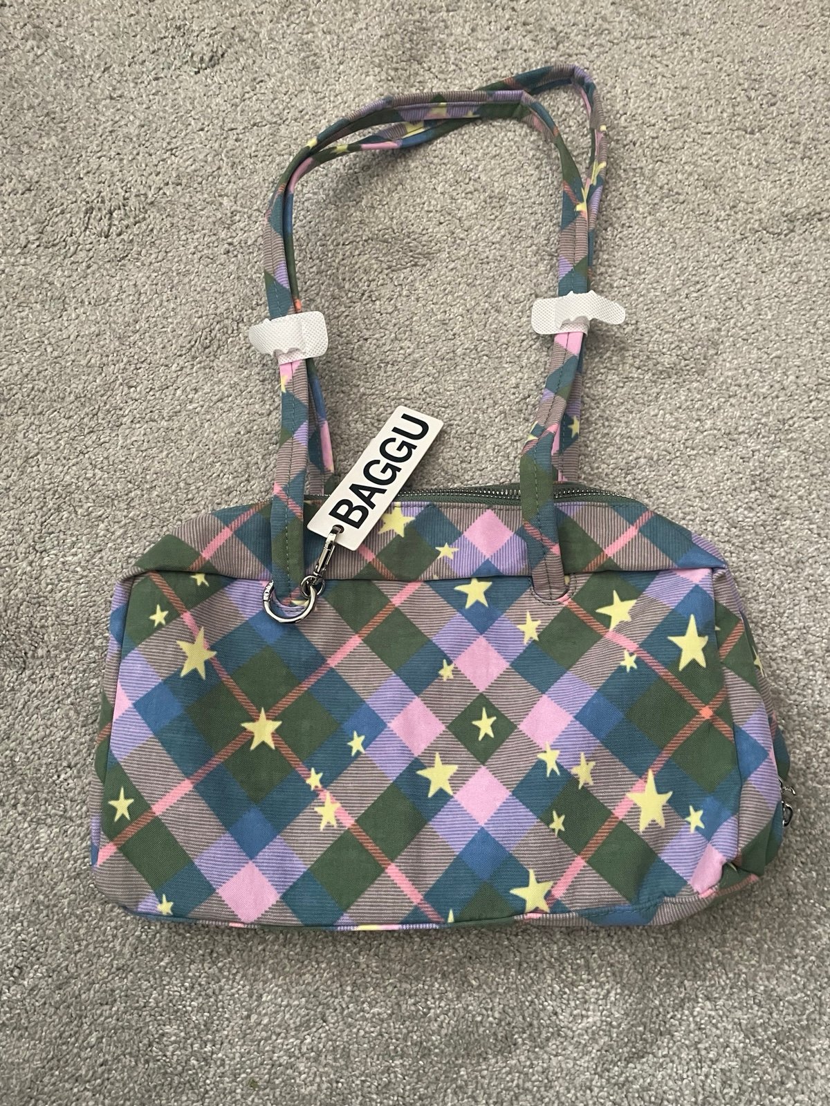 NWT Baggu Nylon Bowler Bag Green Star Plaid | Mercari