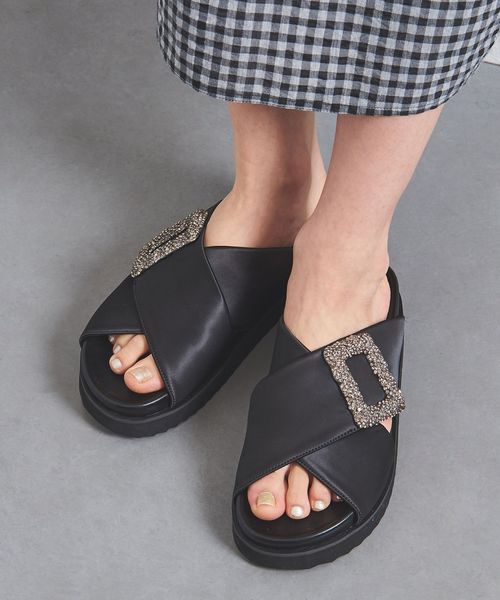 サテン ビジュー クロス サンダル