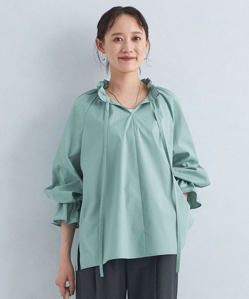 フリルネック リボン ブラウス