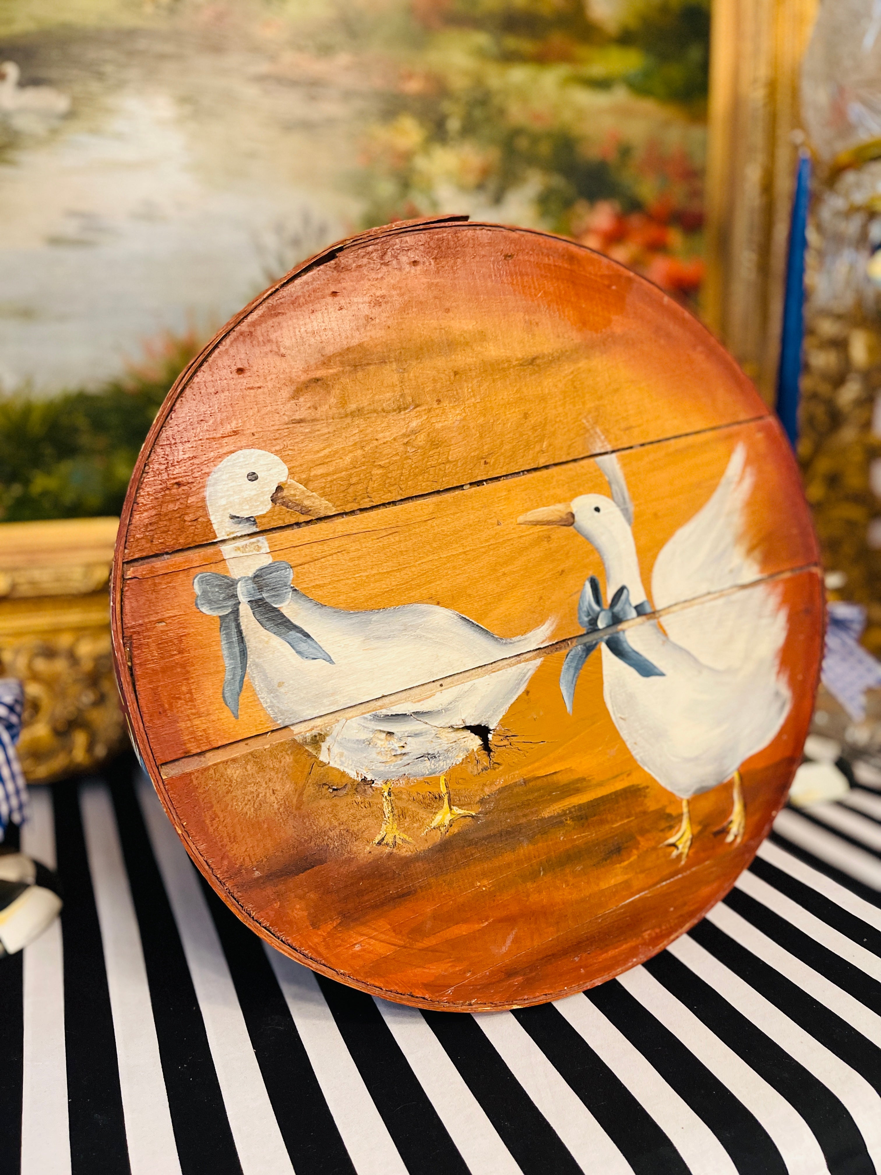 Vintage Hand Painted Cheese Box, Geese in Blue Bows – Under The