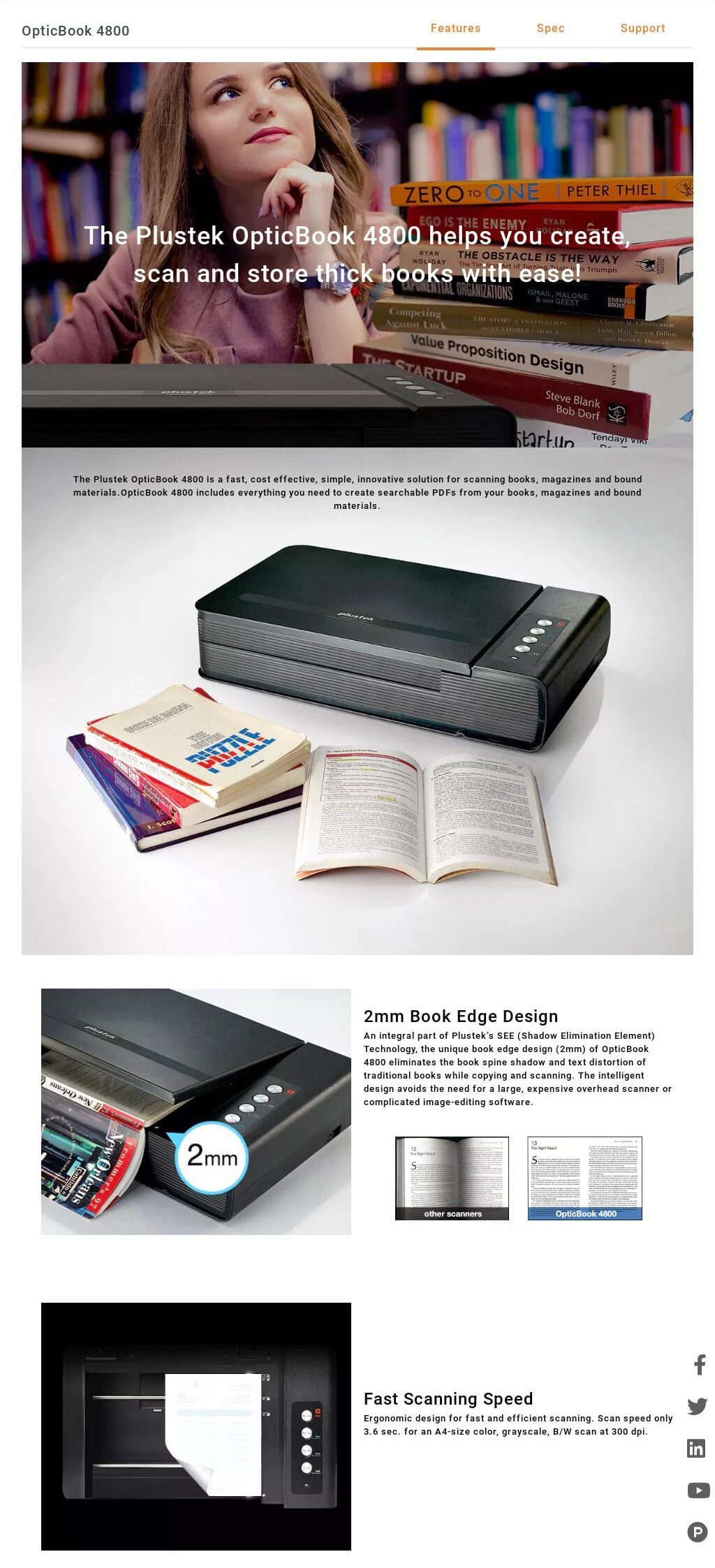 Plustek OpticBook 4800 Book Scanner, 3.6 sec per page with Shadow
