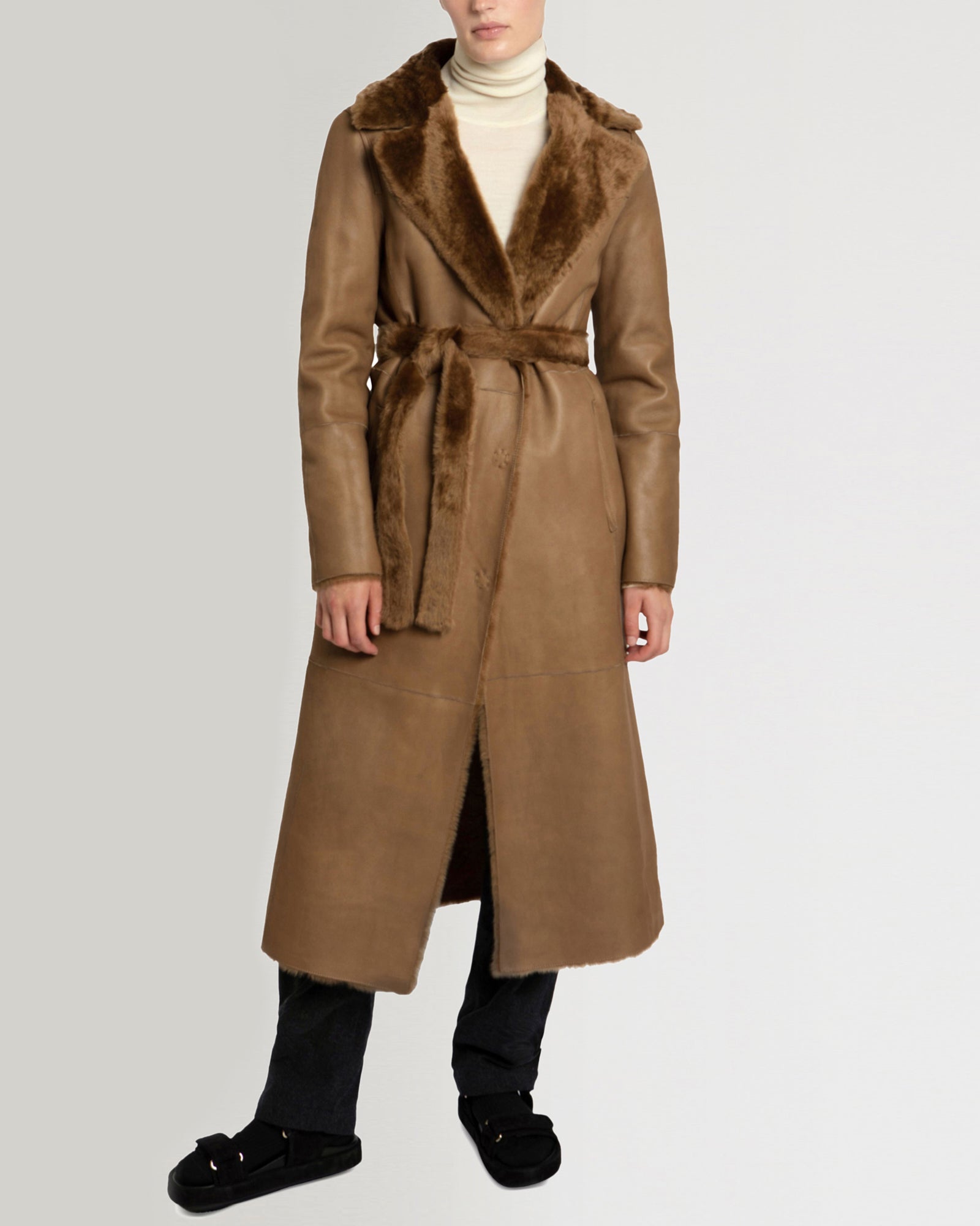 Long reversible belted shearling coat - camel - Yves Salomon