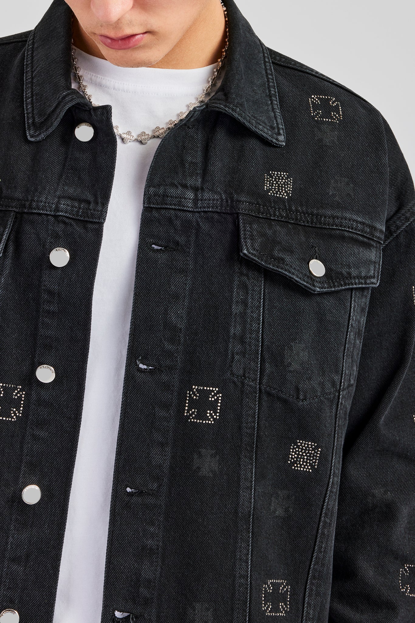 Oversized Embellished Denim Jacket - Washed Black | Mens Denim