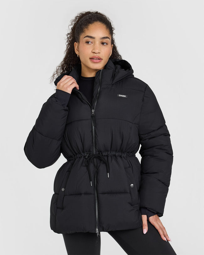 Women's Puffer Jacket Black - Hooded Mid Length | Oner Active US