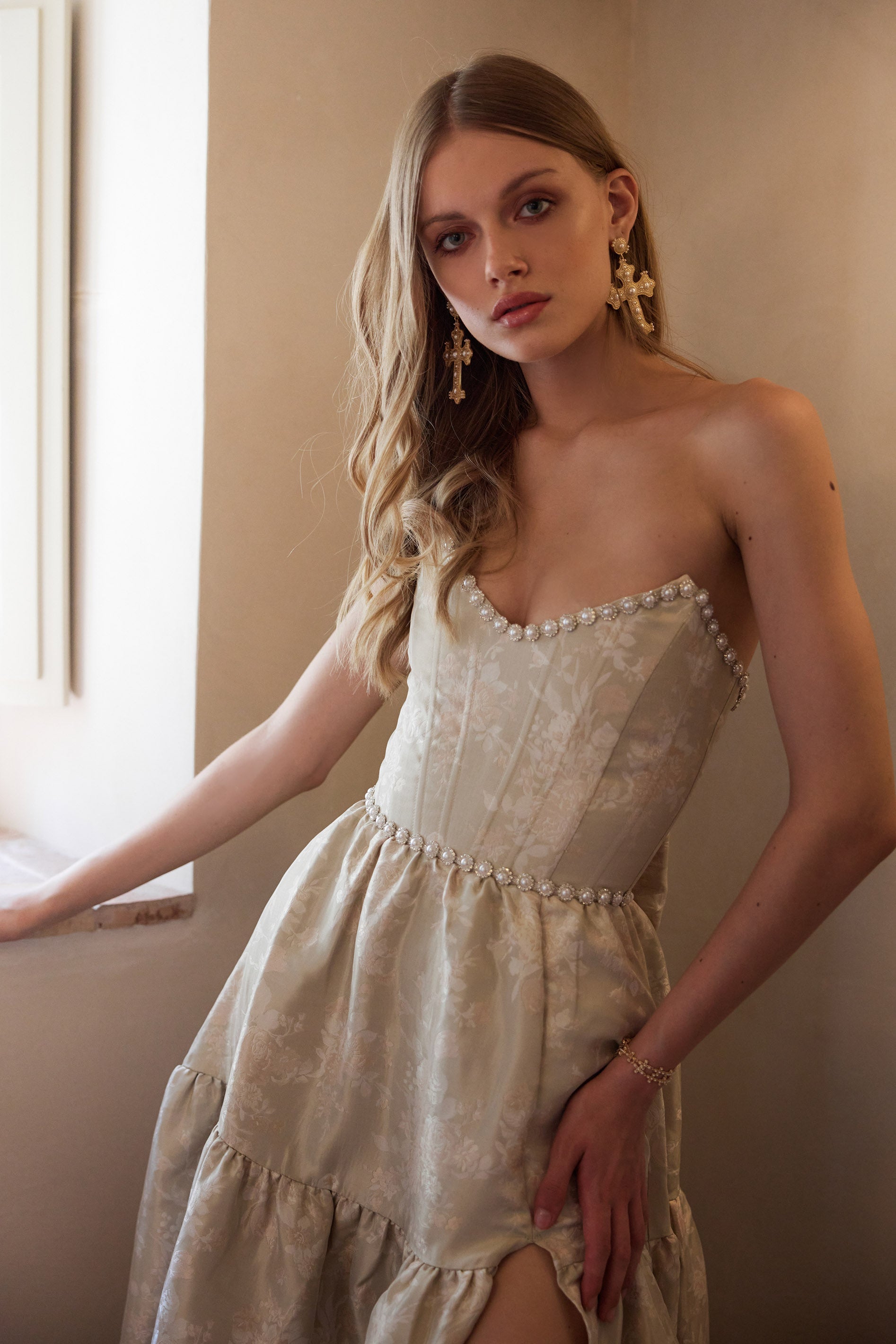 The Vivian Dress in Taupe Windsor Brocade – V. Chapman