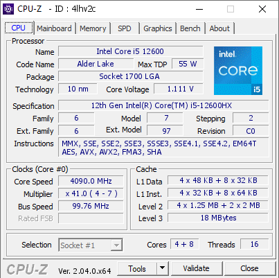 Intel Core i5 12600 @ 4090 MHz - CPU-Z VALIDATOR