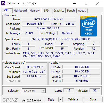 Intel Xeon E5 2696 v3 @ 3397.99 MHz - CPU-Z VALIDATOR