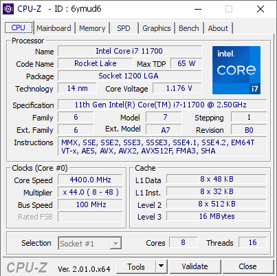 Intel Core i7 11700 @ 4400 MHz - CPU-Z VALIDATOR