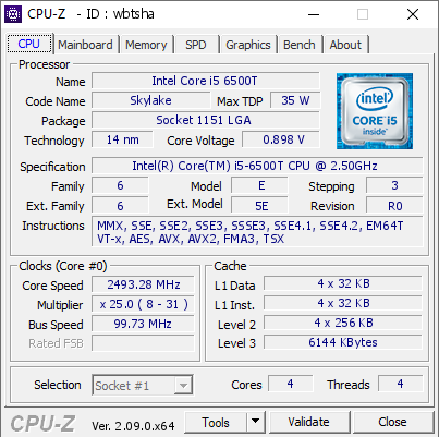Intel Core i5 6500T @ 2493.28 MHz - CPU-Z VALIDATOR