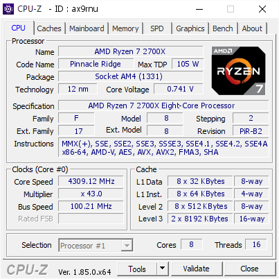 AMD Ryzen 7 2700X @ 4309.12 MHz - CPU-Z VALIDATOR