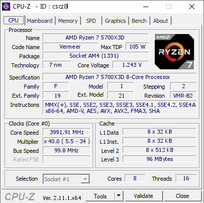 AMD Ryzen 7 5700X3D @ 3991.91 MHz - CPU-Z VALIDATOR