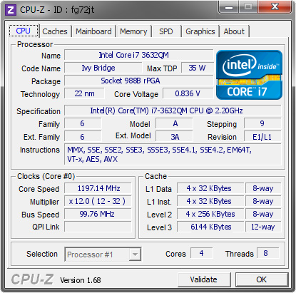 Intel Core i7 3632QM @ 1197.14 MHz - CPU-Z VALIDATOR
