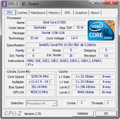 Intel Core i3 550 @ 5295.76 MHz - CPU-Z VALIDATOR