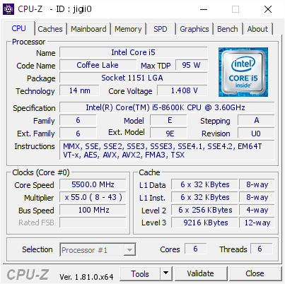 Intel Core i5 @ 5500 MHz - CPU-Z VALIDATOR