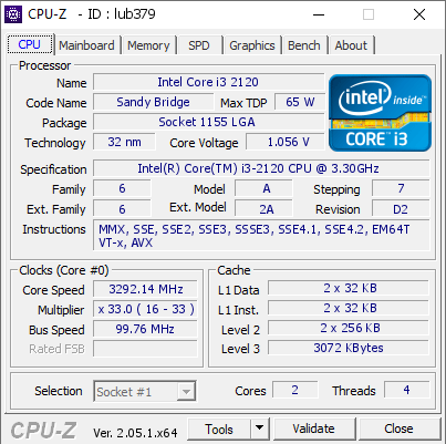 Intel Core i3 2120 @ 3292.14 MHz - CPU-Z VALIDATOR