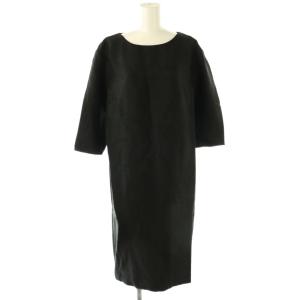 ワンピース ひざ丈 七分袖 クルーネック 無地 ワンカラー ストレッチ