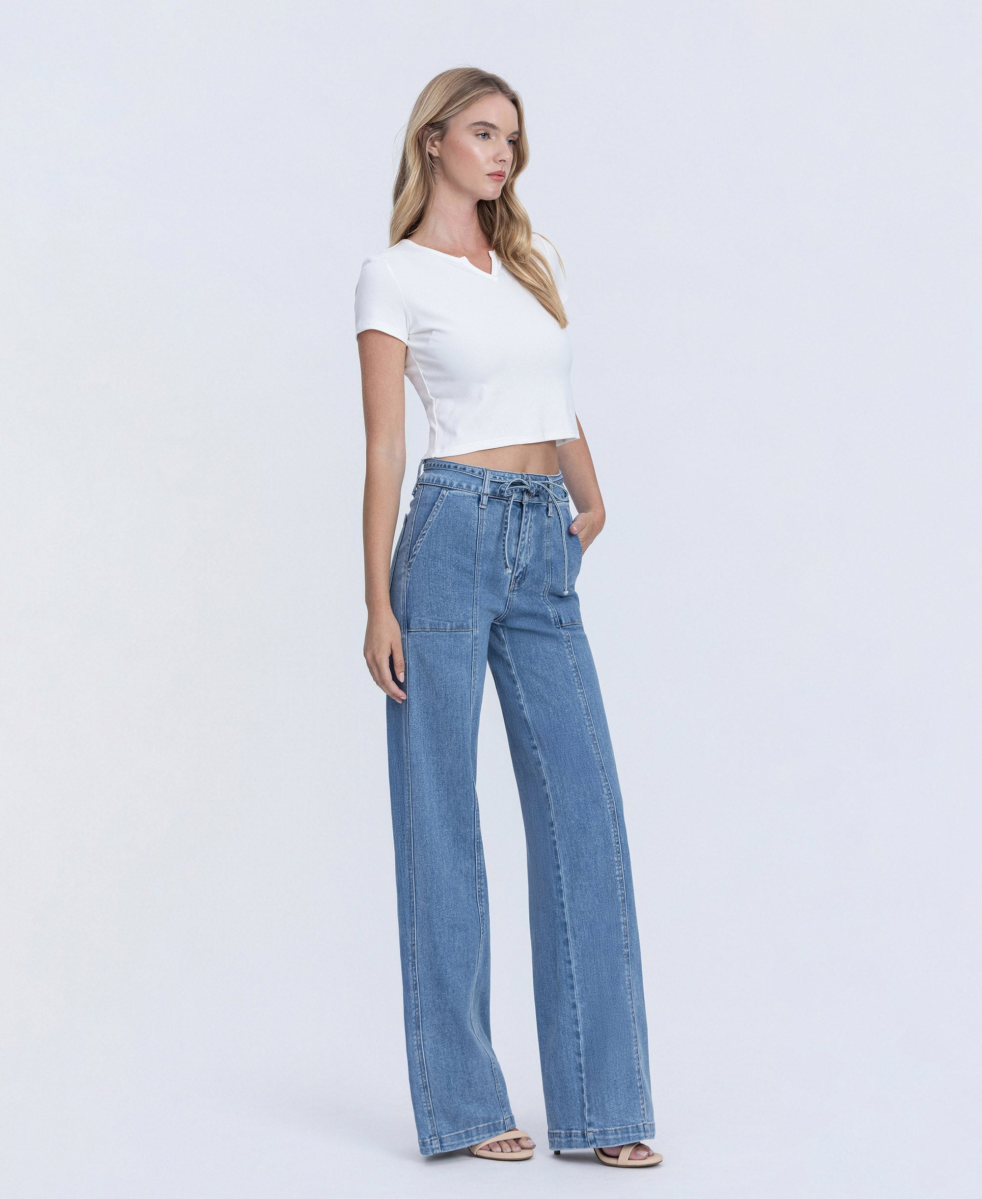 VERVET Lush Life Super High Rise Tie Waistband Wide Leg Jeans