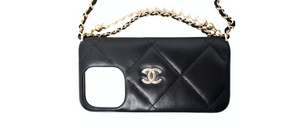 Chanel Black Quilted Lambskin Pearl Crush iPhone 15 Pro Case With