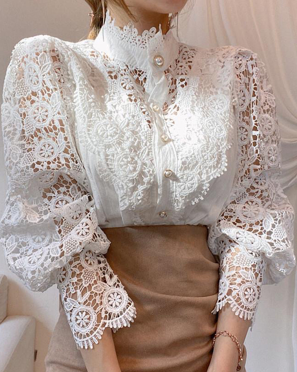 Lace Hollow Puff Long Sleeve Blouse | VintageMist