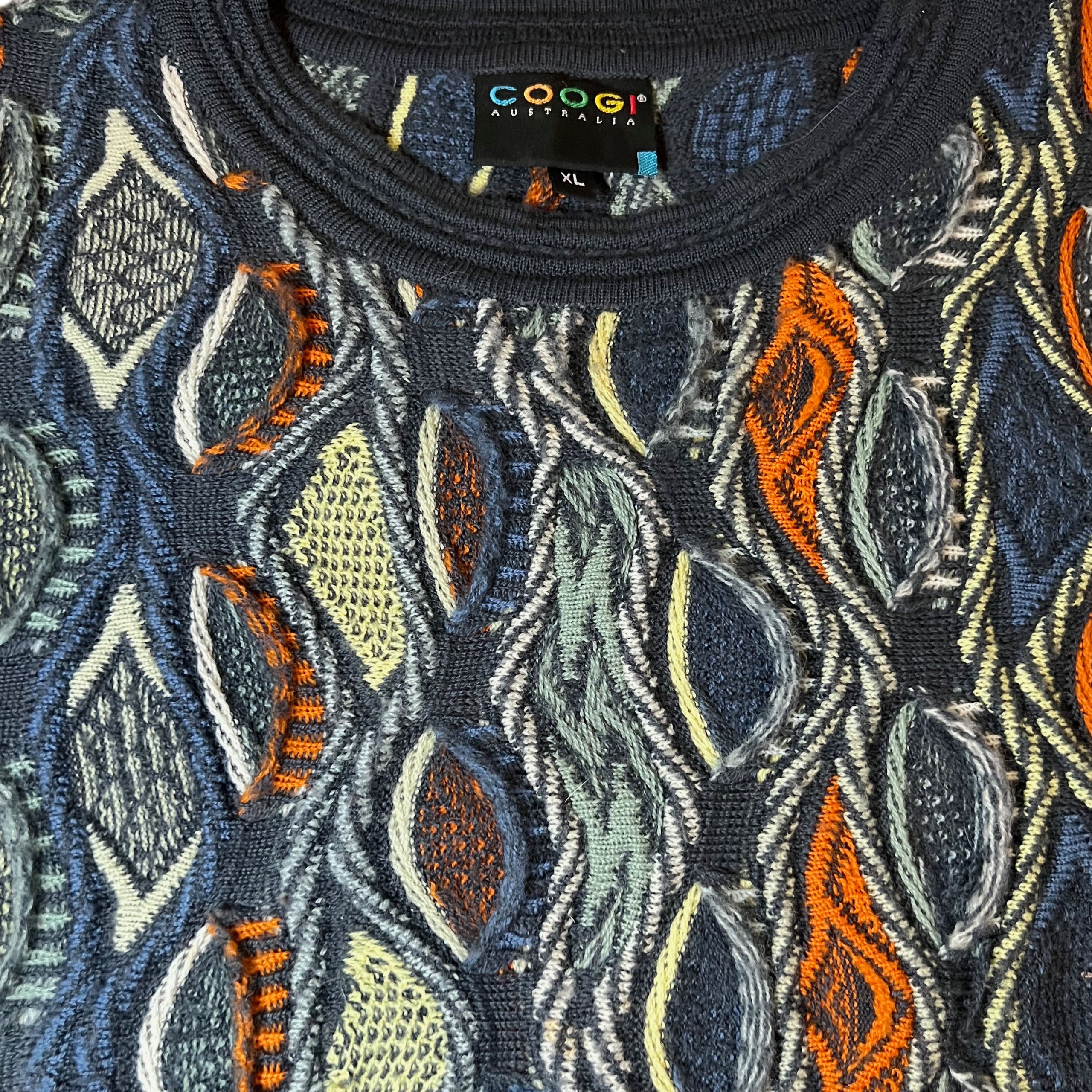 Vintage COOGI 3D knit sweater green multi color sweater. XL