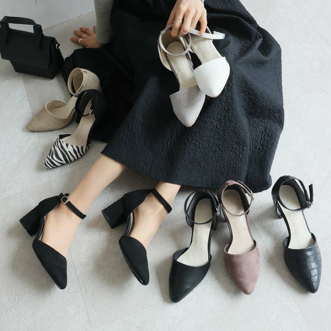 チャンキーヒールセパレートアンクルストラップパンプス ｜靴