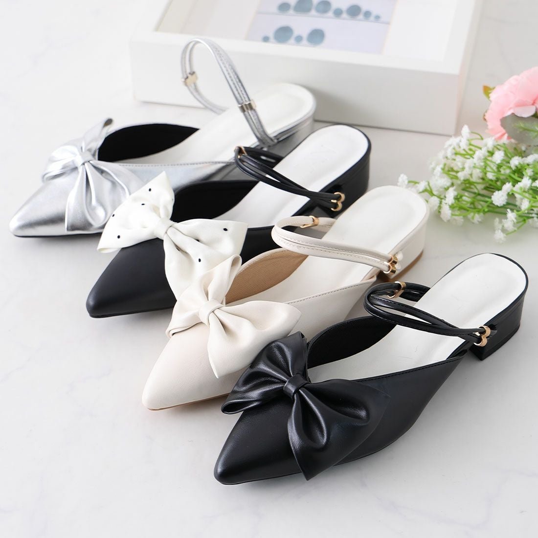 2026年春新色追加】2WAYポインテッドトゥリボンストラップミュール