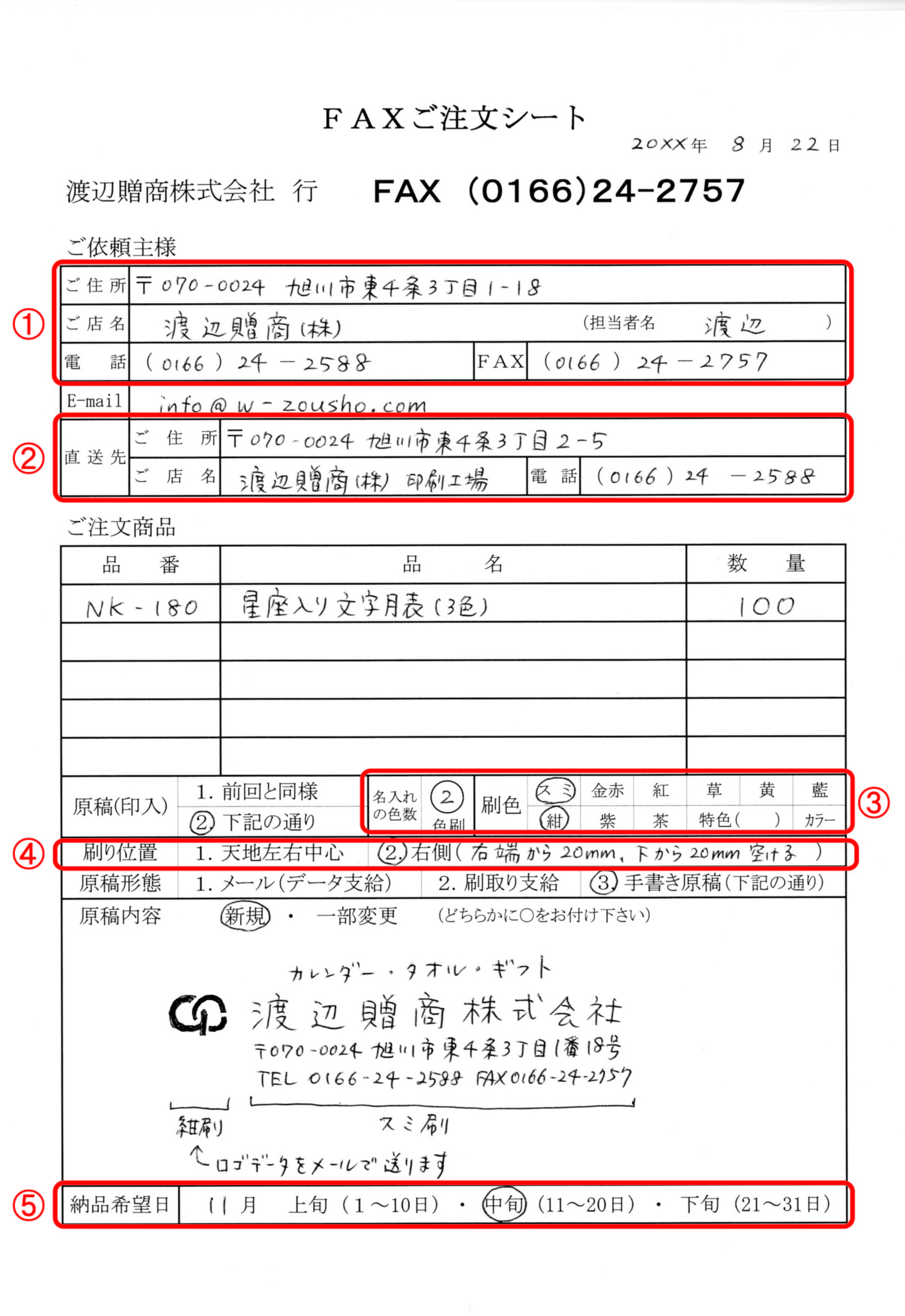 FAXでのご注文｜名入れカレンダーやタオルの作成・印刷｜渡辺贈商
