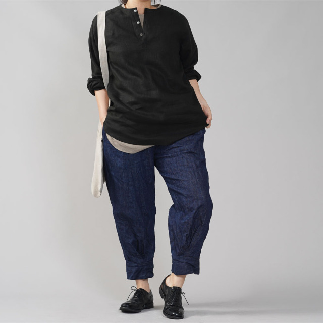 リネントップス】ヘンリーネックシャツ /ブラック【free】t038e-bck2