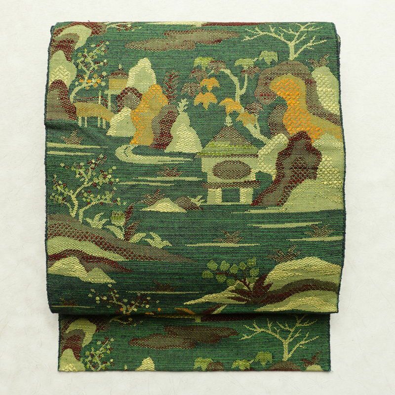 名古屋帯 紬地 六通柄 正絹 風景柄 松葉仕立て 帯 緑・うぐいす色 | 六