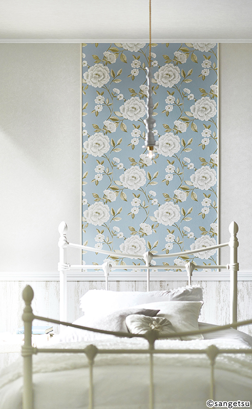 くすみカラーホワイトローズ壁紙(ライトブルー フラワー 防かび