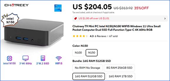 Chatreey T9、PD対応 フル機能のUSB-C搭載のN100 ミニPC。M.2 SSDを