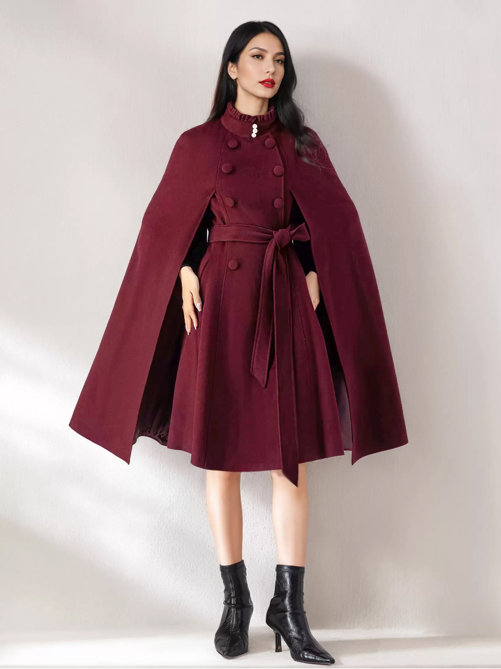 ウールブレンドケープコート レディース スタンドカラー ダーク