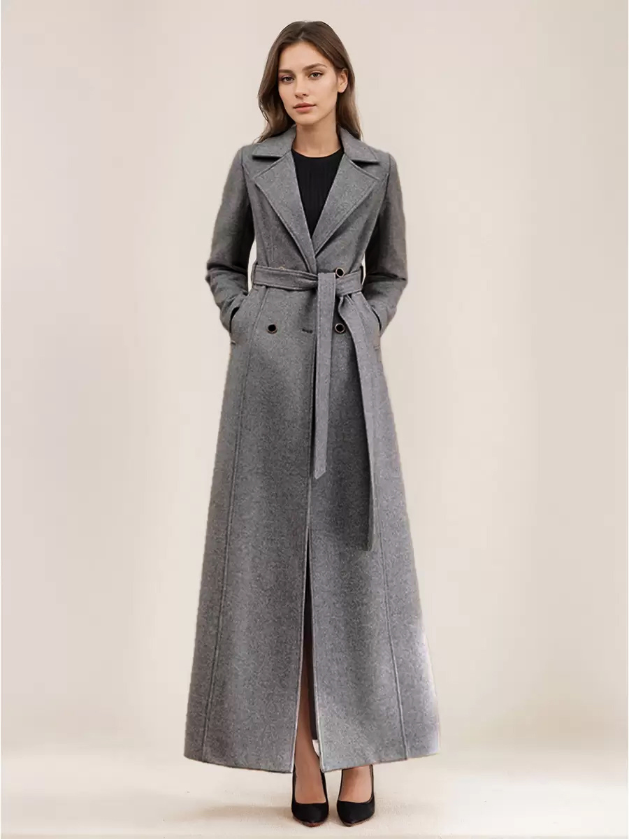 グレー ウール ブレンド コート レディース ラペル ベルト付き ダブル