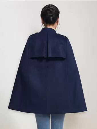 ウールケープコート レディース スタンドカラー ダークネイビー ダブル