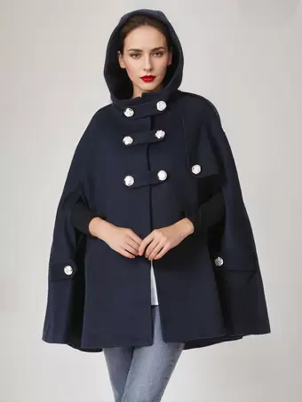 フード付きウールブレンドケープコート ダークネイビー ダブルブレスト