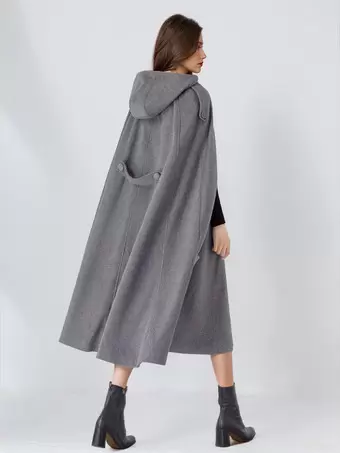 ウールブレンドケープコート レディース フード付き グレー オーバー