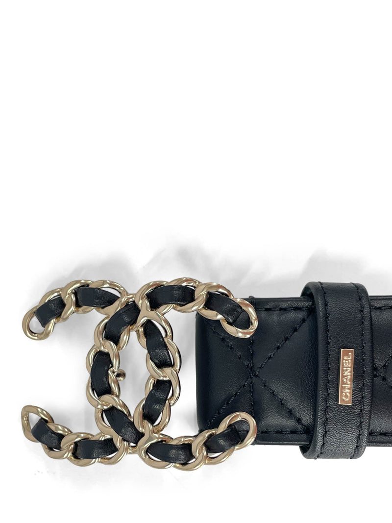 CHANEL CC Logo Quilted Leather Belt Black Silver
