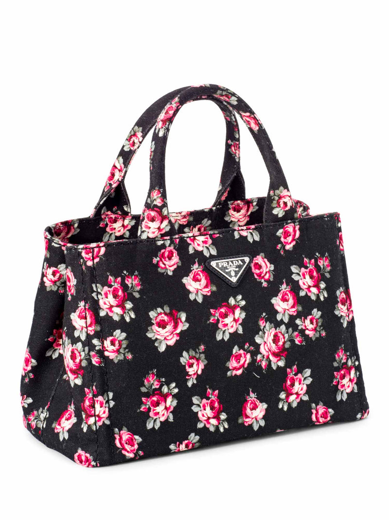 Prada Logo Floral Canvas Giardiniera Small Tote Bag Black