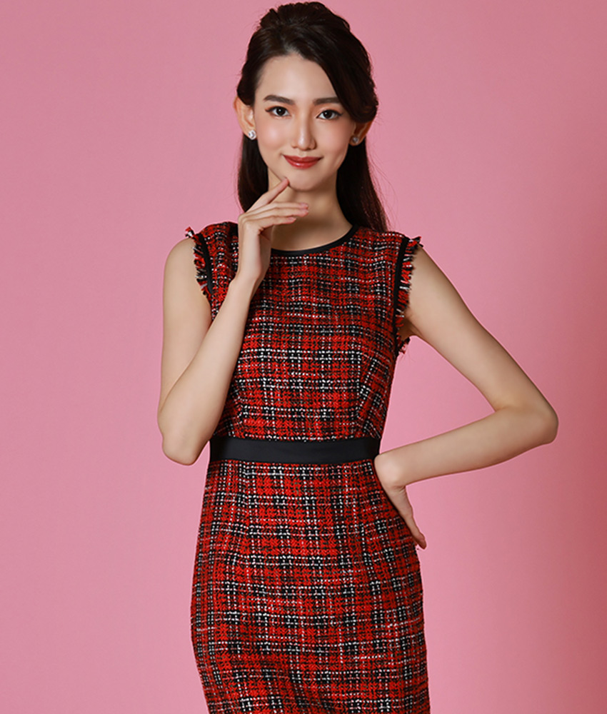 赤ツイードブラックラインミニワンピース/黒木麗奈 - カラードレス