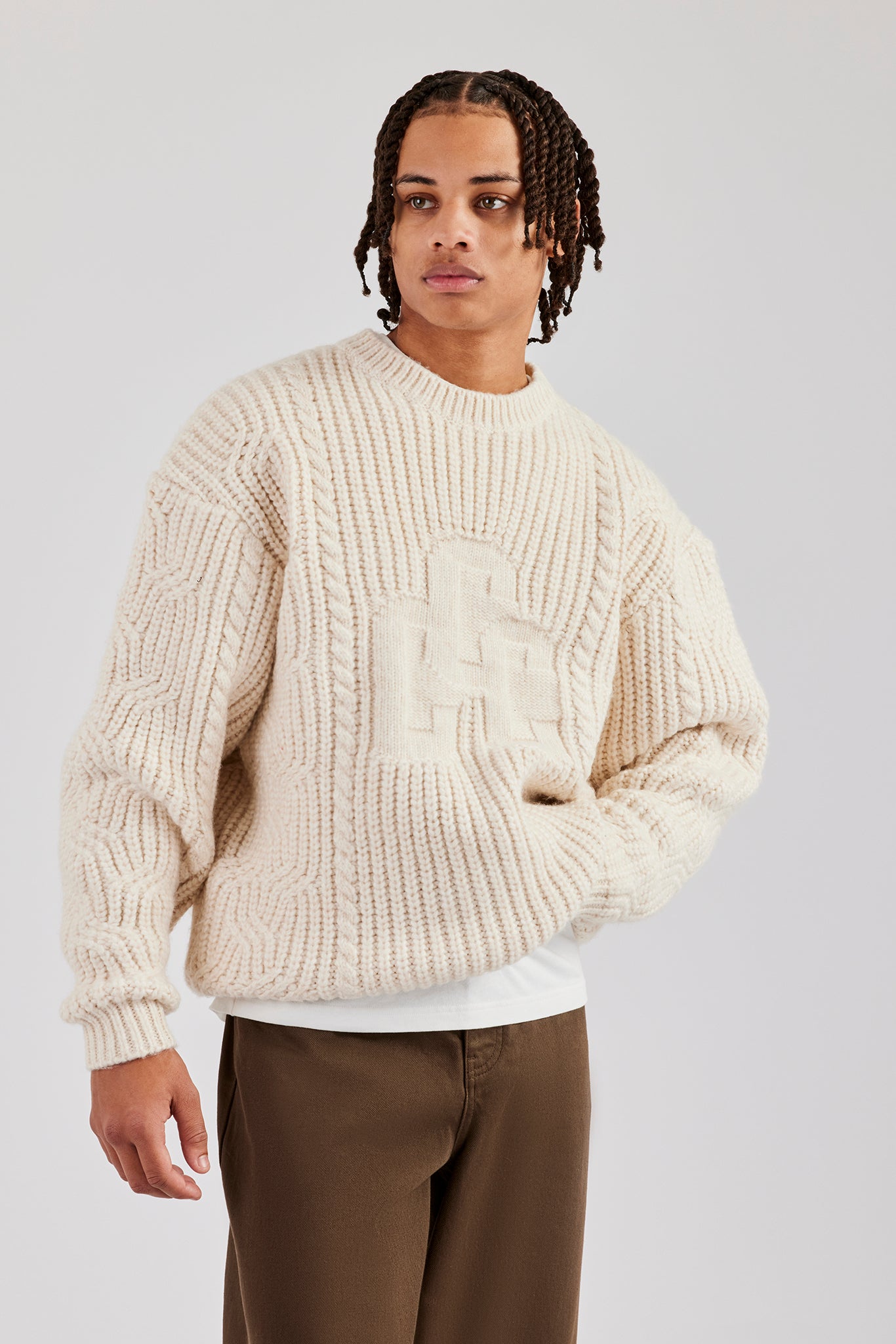 CCC Spliced Cable Knit Sweater - Off White | Mens Knitwear | Shop