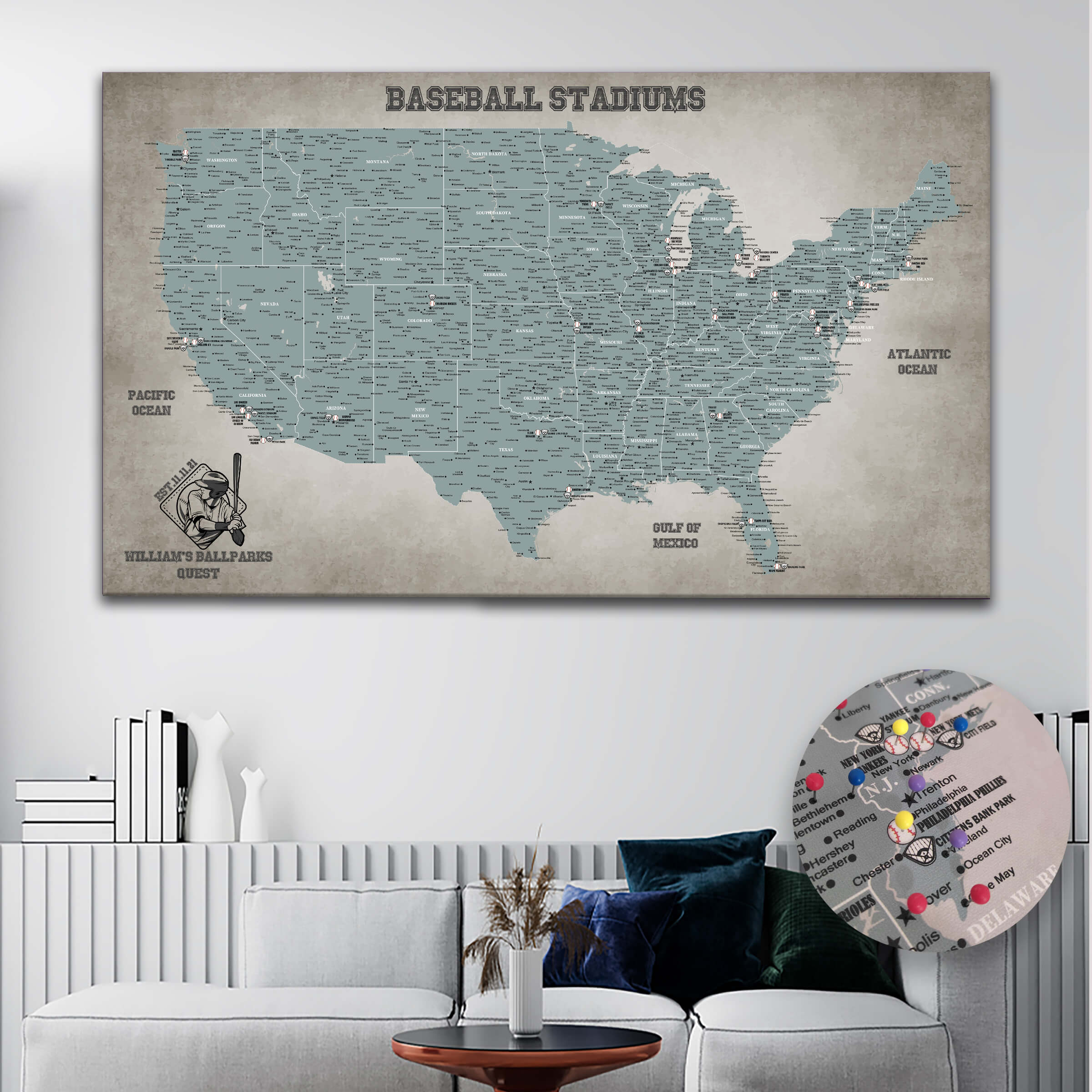 Custom Baseball Stadiums Map | MLB Ballparks Map with Push Pins