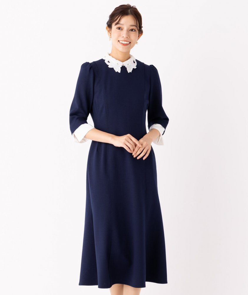セルフォードネイビー レース襟 長袖ワンピース セルフォードネイビー