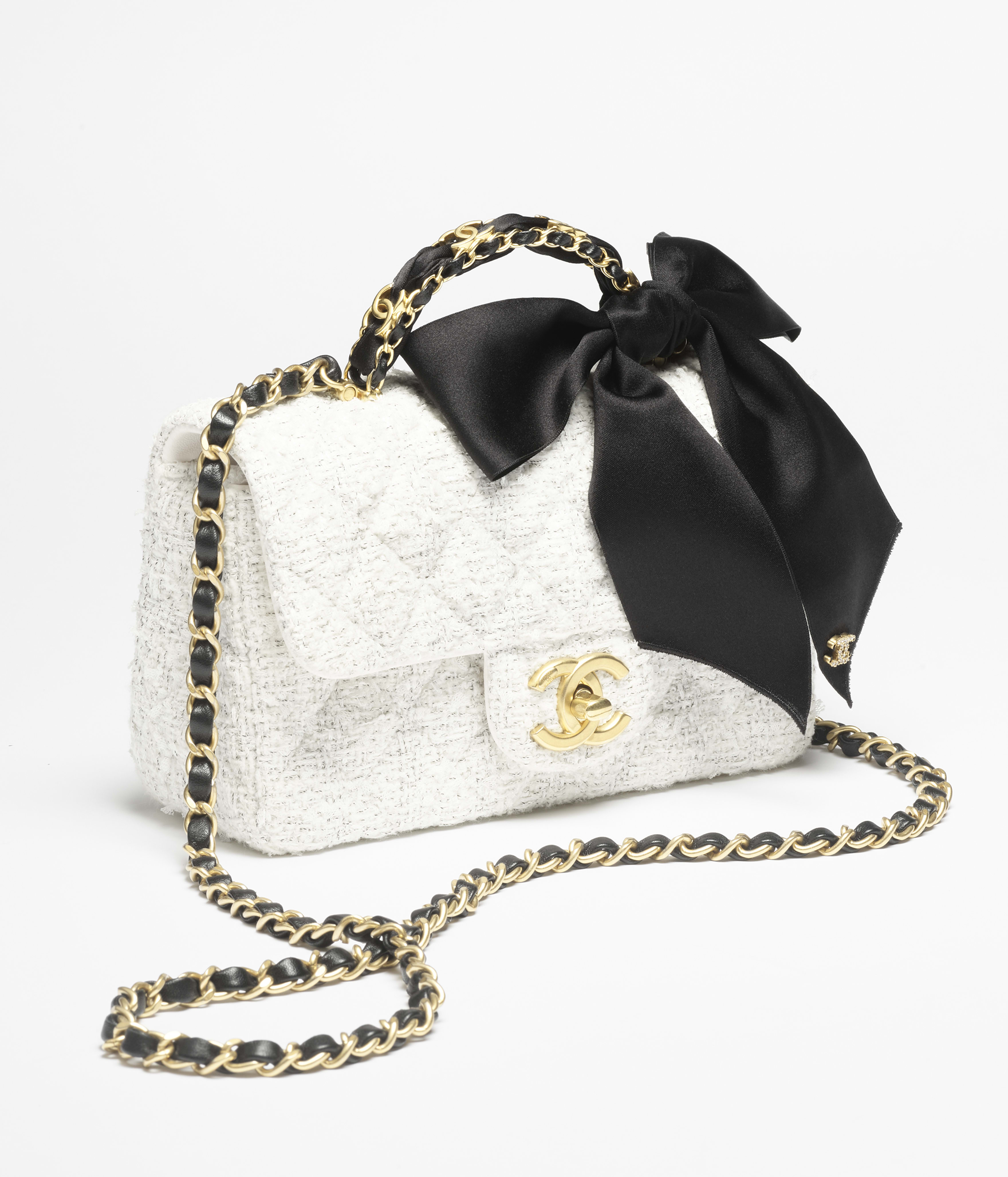 トップハンドル ミニ フラップ バッグ、ツイード、シルク、ホワイト