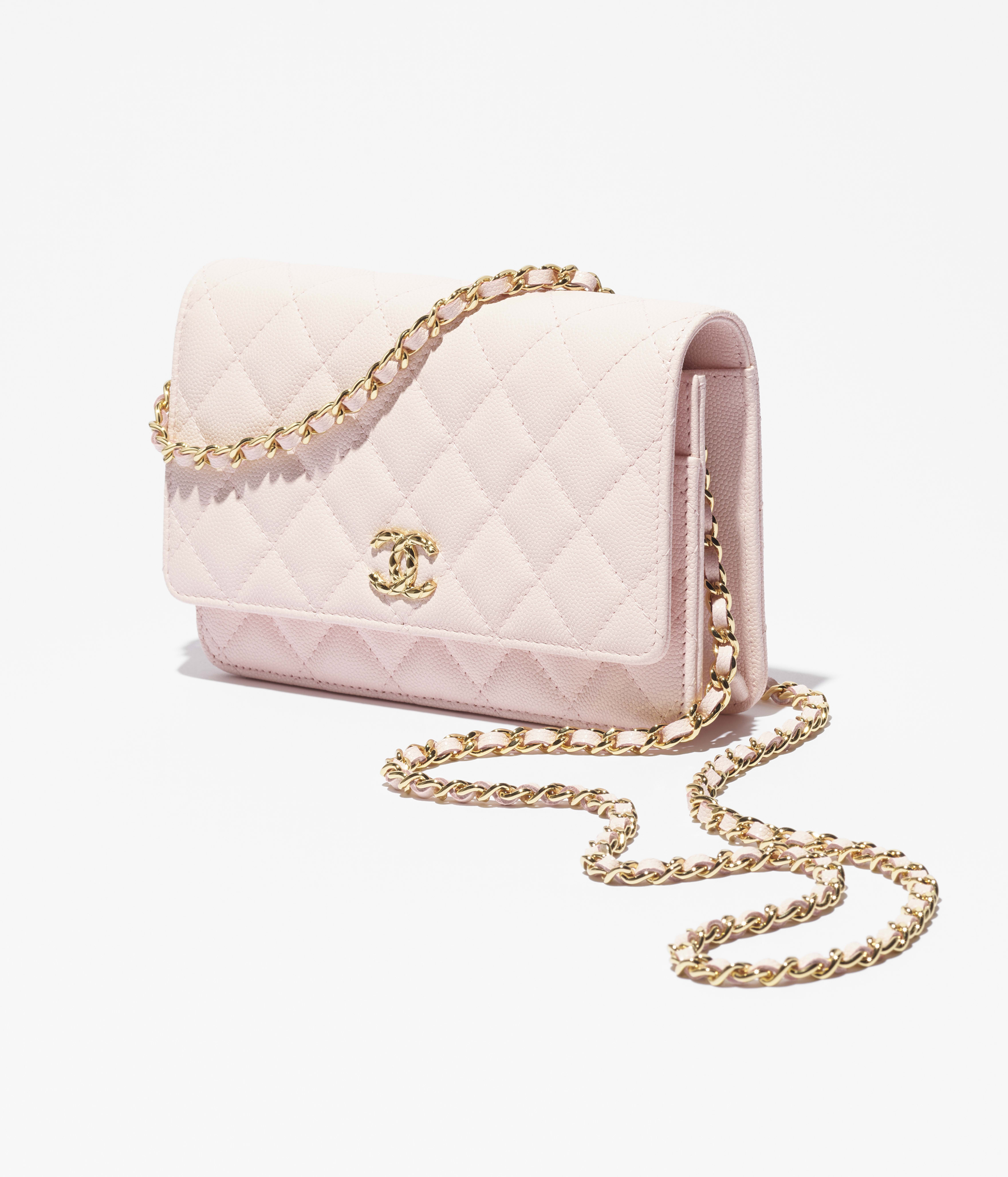 Wallet on chain - Grained shiny calfskin & gold-tone metal, light