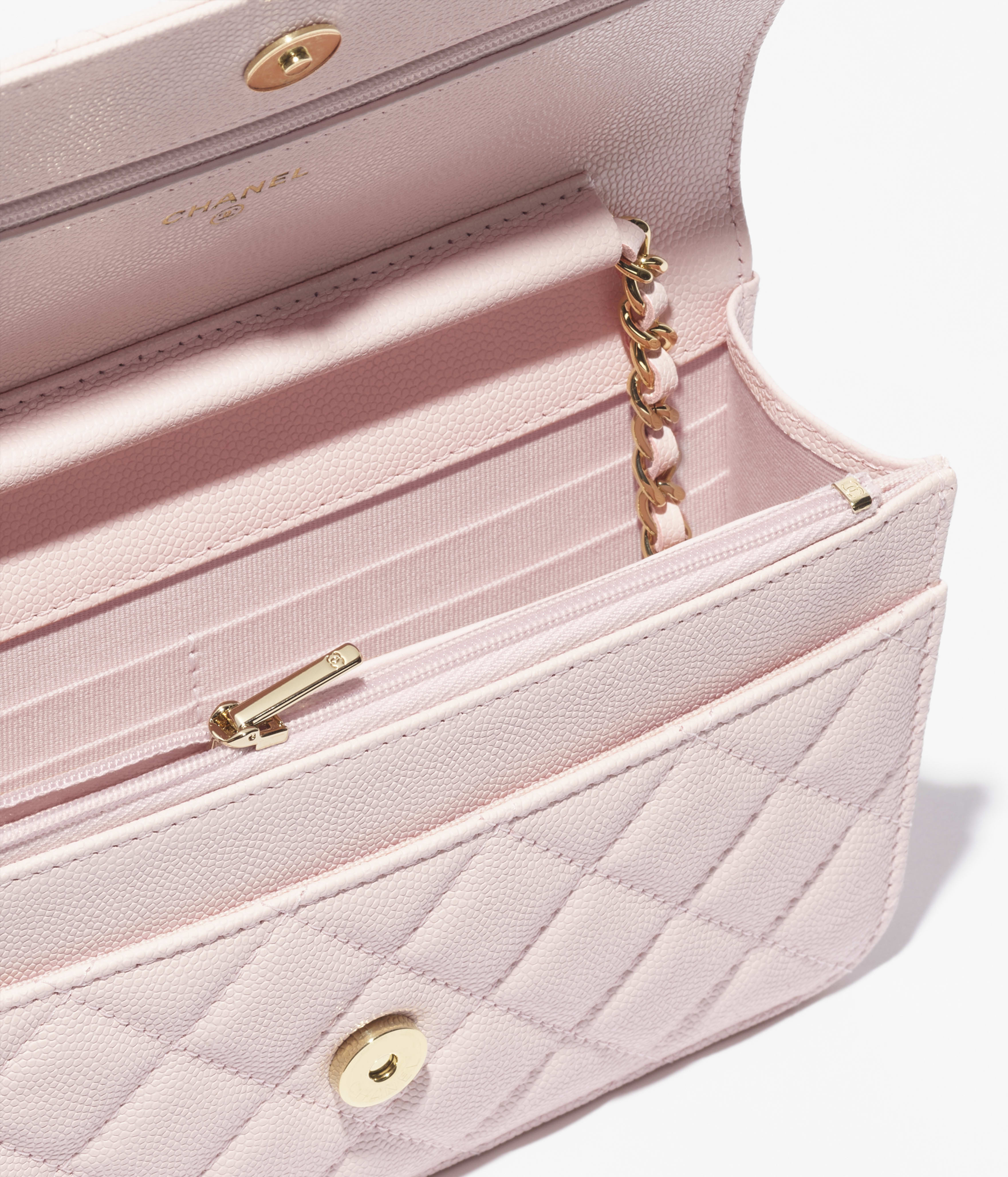 Wallet on chain - Grained shiny calfskin & gold-tone metal, light