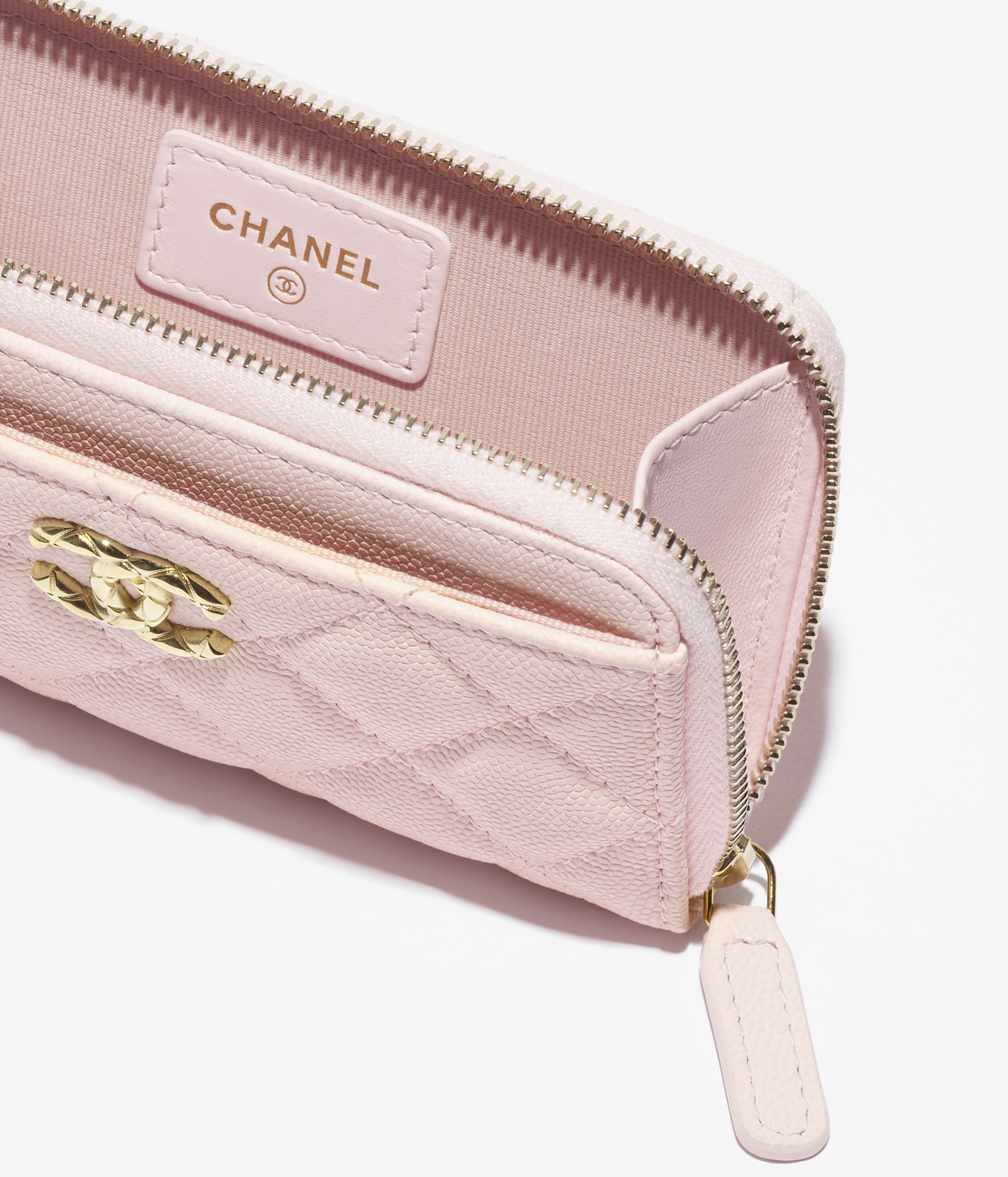 ジップ カードケース - シャイニー グレインド カーフスキン、ピンク